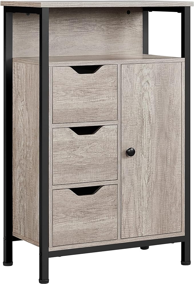 Industrial Bathroom Floor Cabinet, Freestanding Wooden Organizer, Multiple Tiers Storage Cabinet with 3 Drawers,