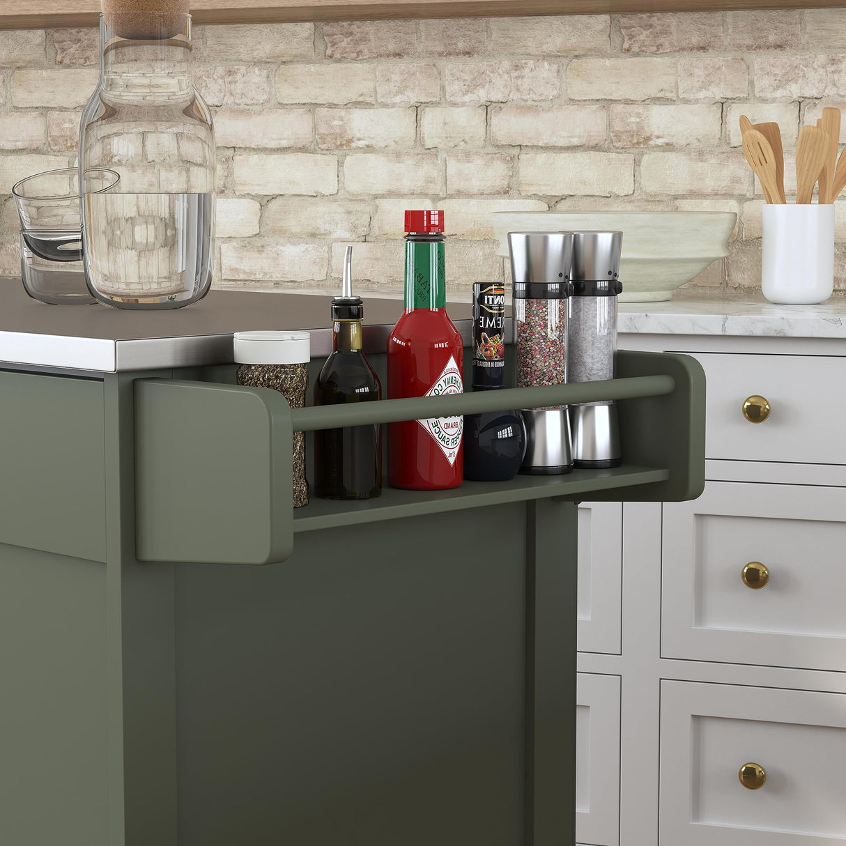 Mobile Kitchen Island Cart with Stainless Steel Top, Sage Green