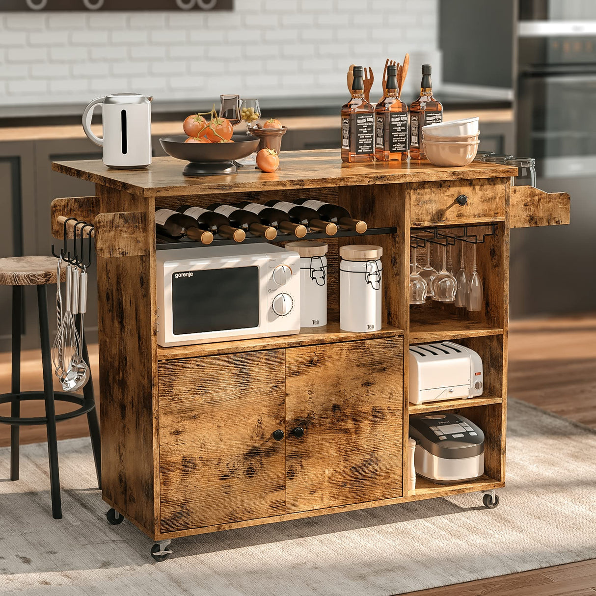 Rolling Kitchen Island Cart with Drop-Leaf and Wine Rack