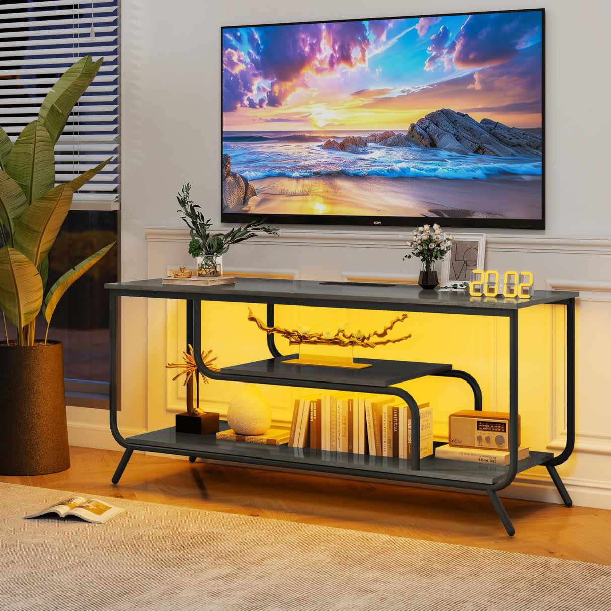 with Power Outlets and LED Light, Entertainment Center Modern TV Console for Bedroom,