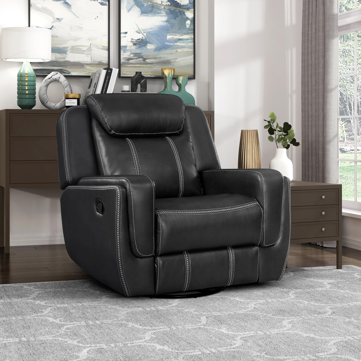 Swivel Glider Recliner Chair, Nursery Glider, Faux Leather Recliner Chair with Headrest, Manual Recliner Sofa Chair for Living Room/Office/Apartment, Black