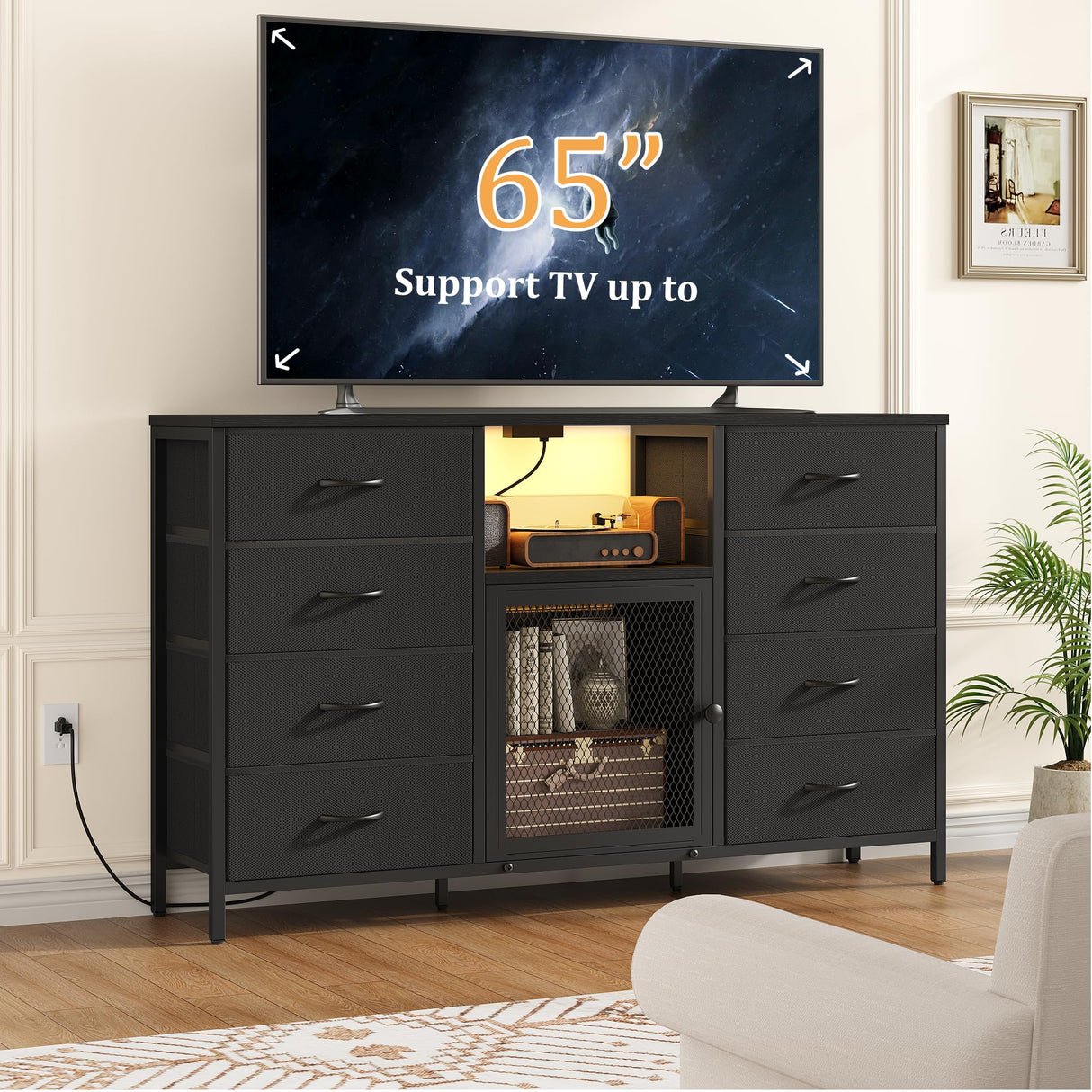 TV Stand for Bedroom with 8 Fabric Drawers, Black Chest of Drawers with Power Outlets