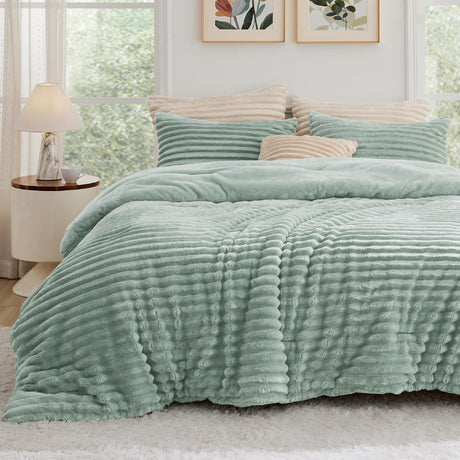 Fluffy Comforter Set Queen - Super Soft Faux Fur Comforter Queen Size Sage Green,