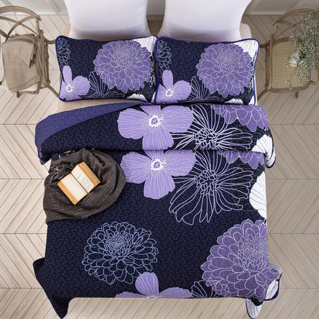 Purple Floral Quilt Set Queen Size Boho Bedspread 3 Pieces Soft