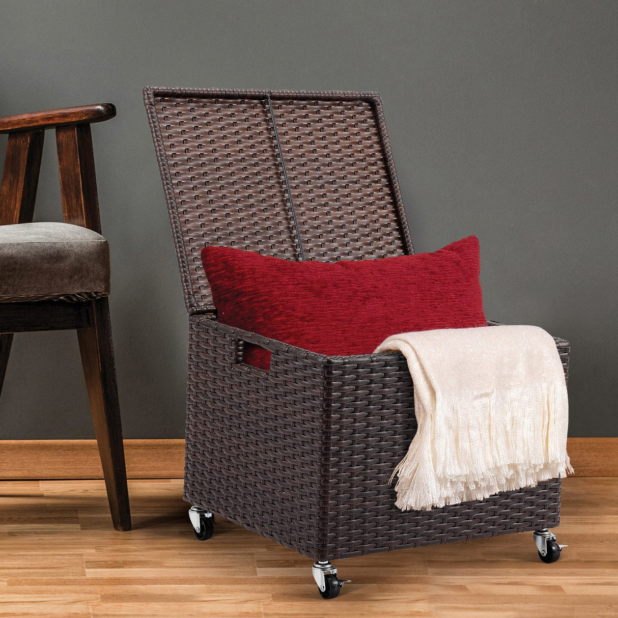 Rolling File Box - Storage Cabinet with Wheels - Weatherproof Rattan-Style Resin Deck Chest