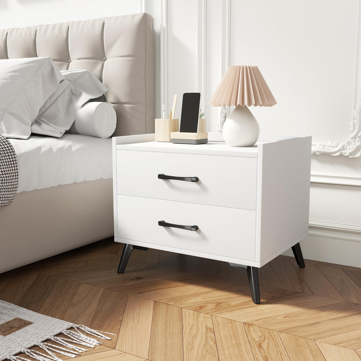 White Nightstand with 2 Storage Drawer,Modern Classics Bedside Table