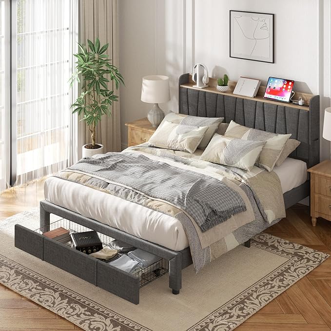 Queen Size Bed Frame, Upholstered Platform Bed with Storage Drawers Headboard