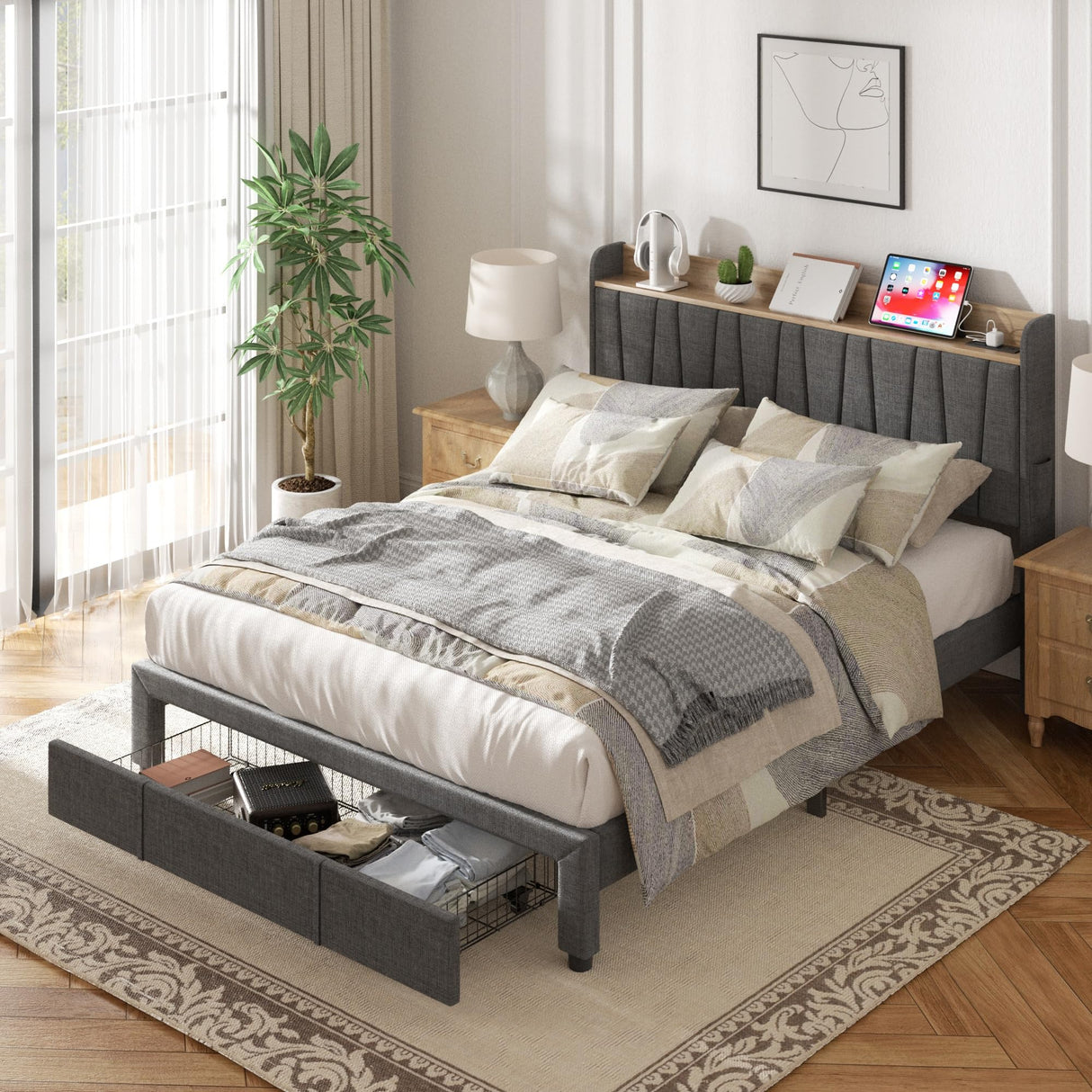 Full Size Bed Frame, Upholstered Platform Bed with Storage Drawers Headboard