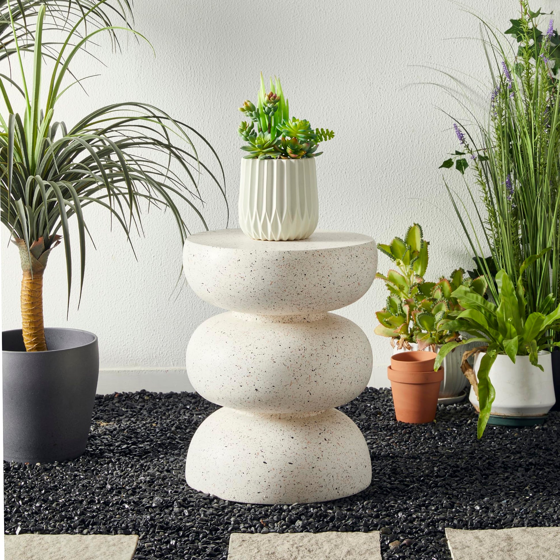 Glitzhome Outdoor Side Table, 18" H Decorative Garden Stool MGO Faux Terrazzo End Table, Heavy Duty Indoor Outdoor Round Planter Stand for Living Room Bedroom Patio Deck Poolside,White - Bircata