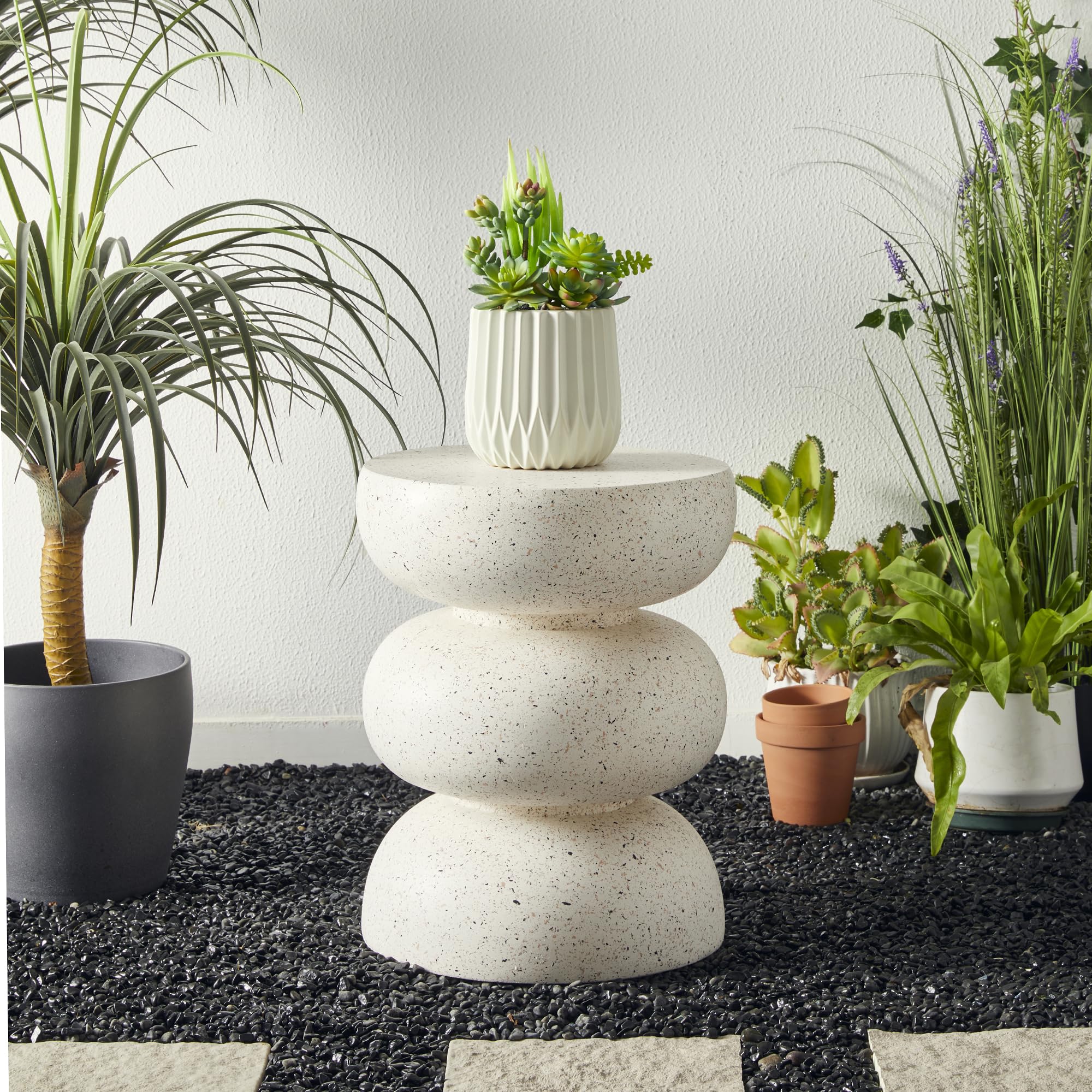 Glitzhome Outdoor Side Table, 18" H Decorative Garden Stool MGO Faux Terrazzo End Table, Heavy Duty Indoor Outdoor Round Planter Stand for Living Room Bedroom Patio Deck Poolside,White - Bircata