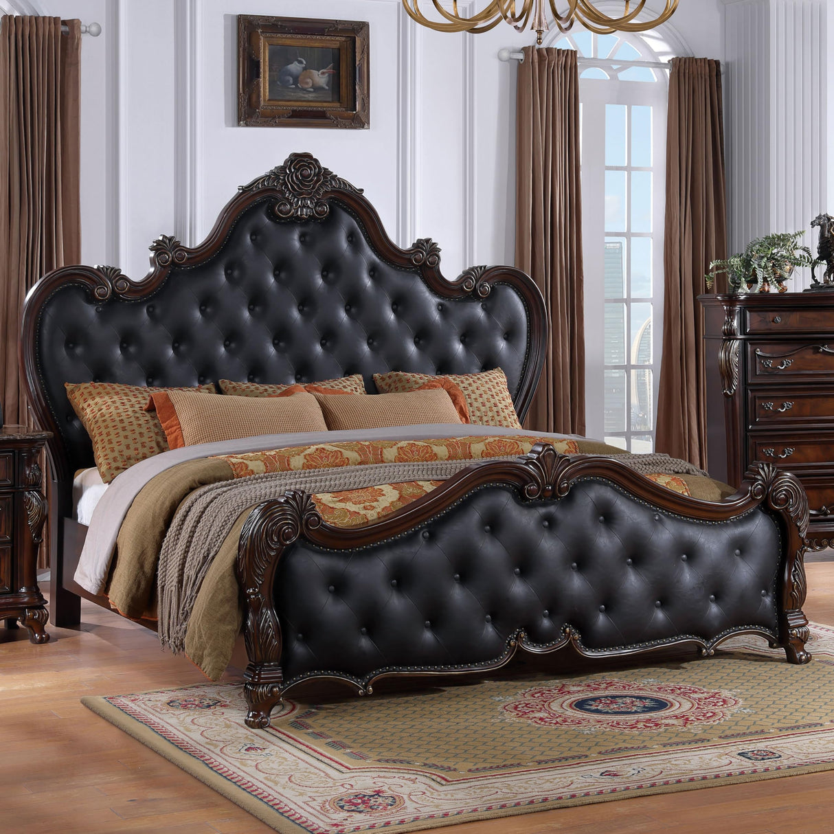 Agatha Traditional Wood Queen Bed Frame with Tufted Leatherette Headboard