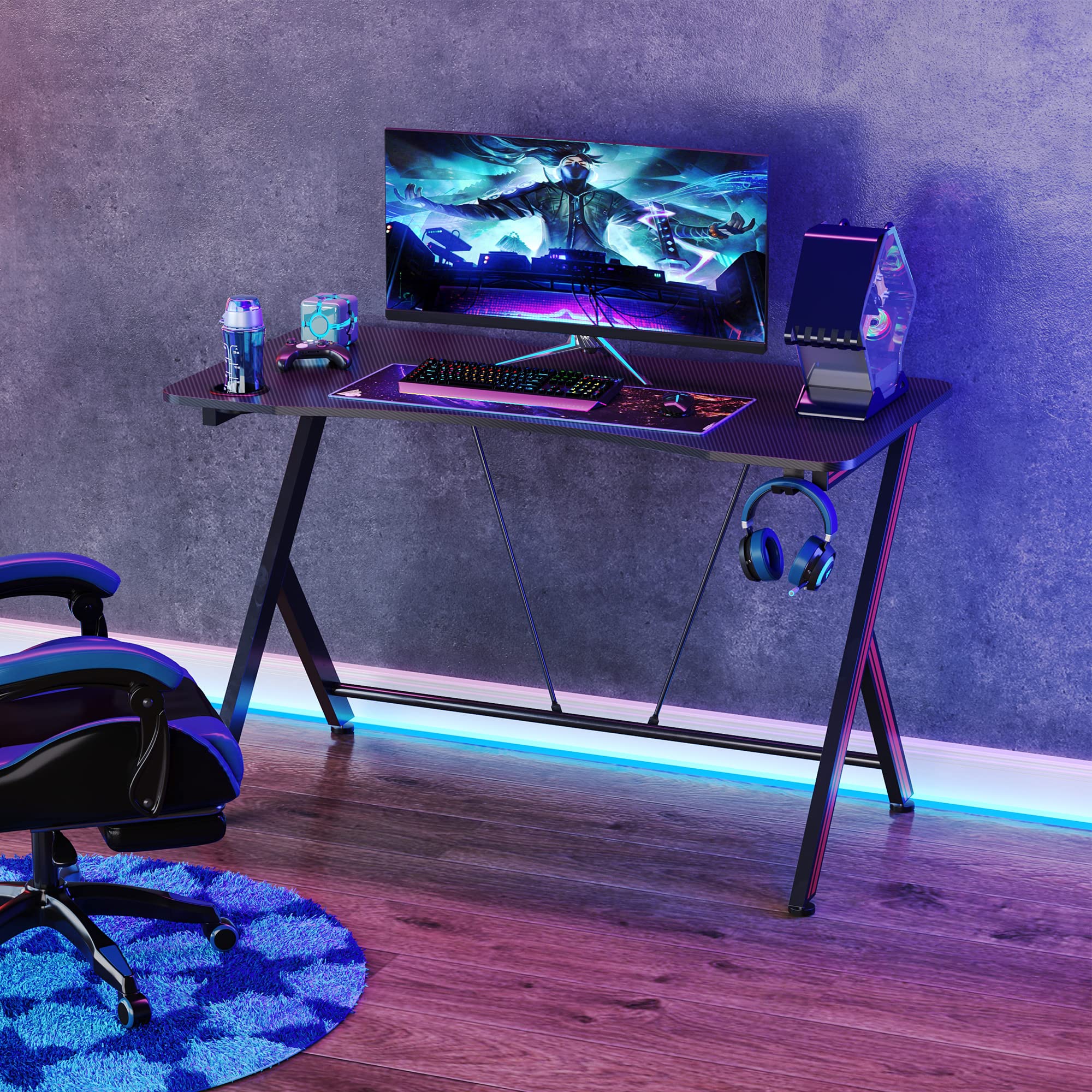 41 inch Gaming Computer Desk, Home Office Gamer Table Workstation with Cup Holder, Headphone Hook, Cable Management, Carbon Fiber Surface