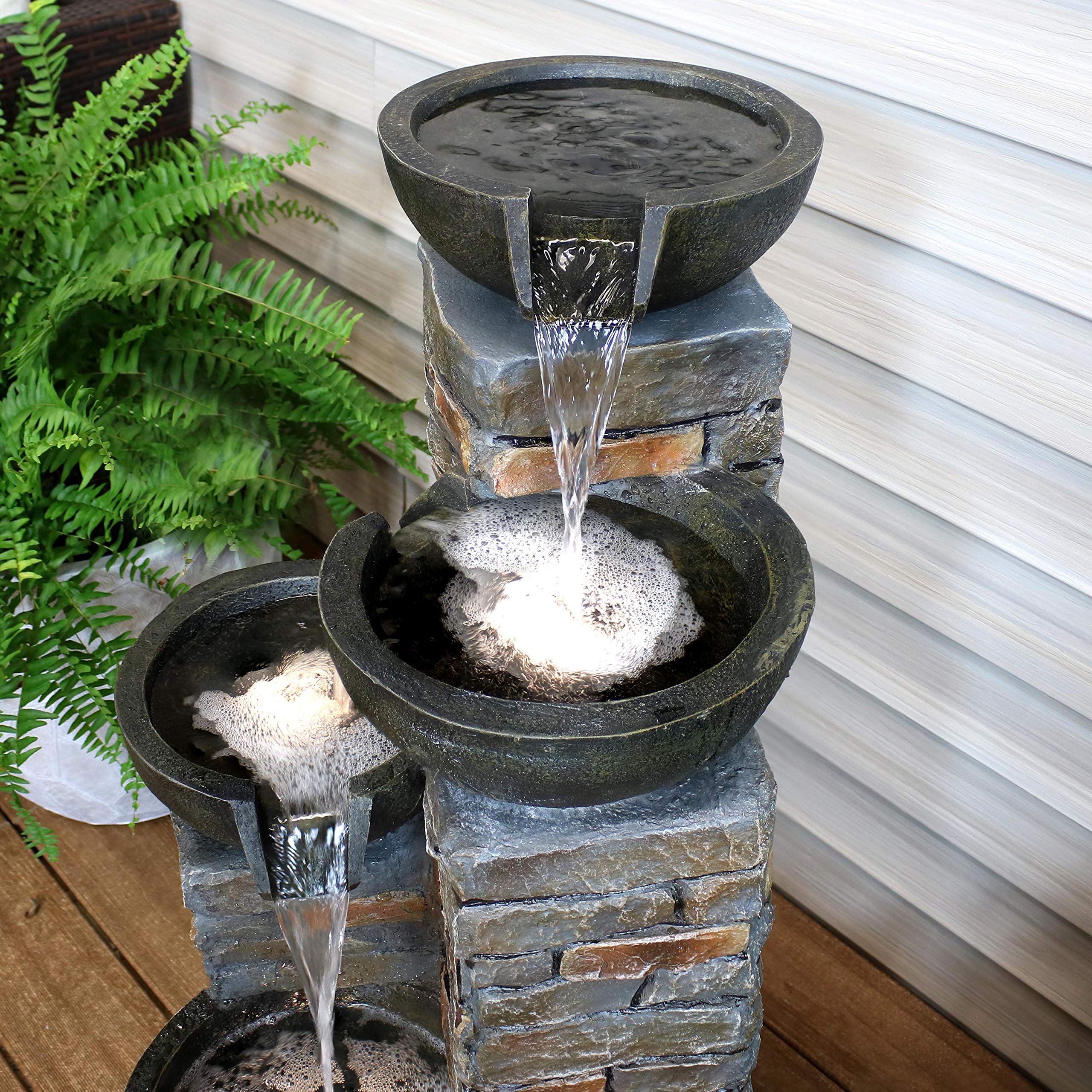 Staggered Bowls 34-Inch Outdoor Water Fountain - LED Lights -Electric Submersible