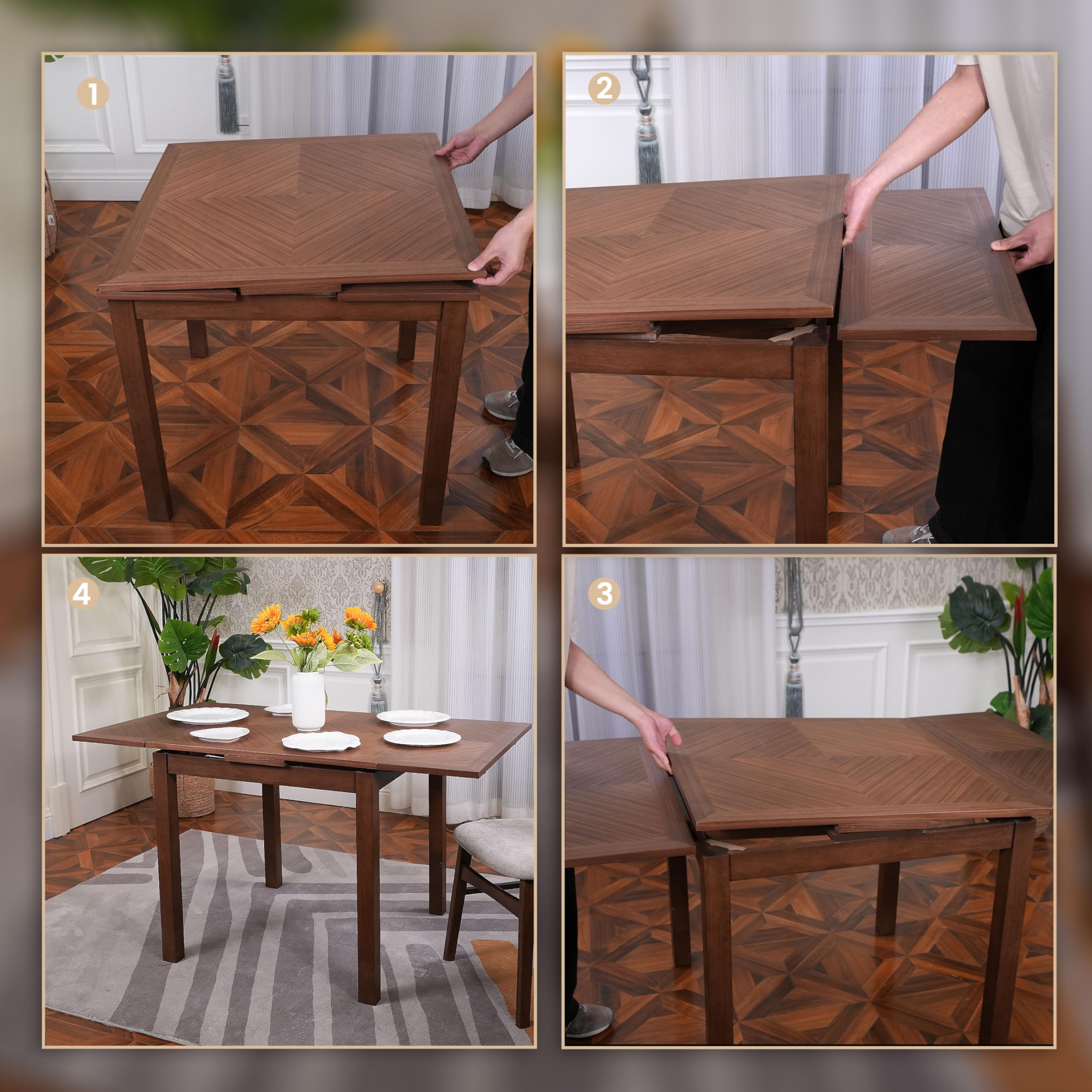 Extendable Dining Table Set for 4 - Walnut Veneer Space-Saving Design