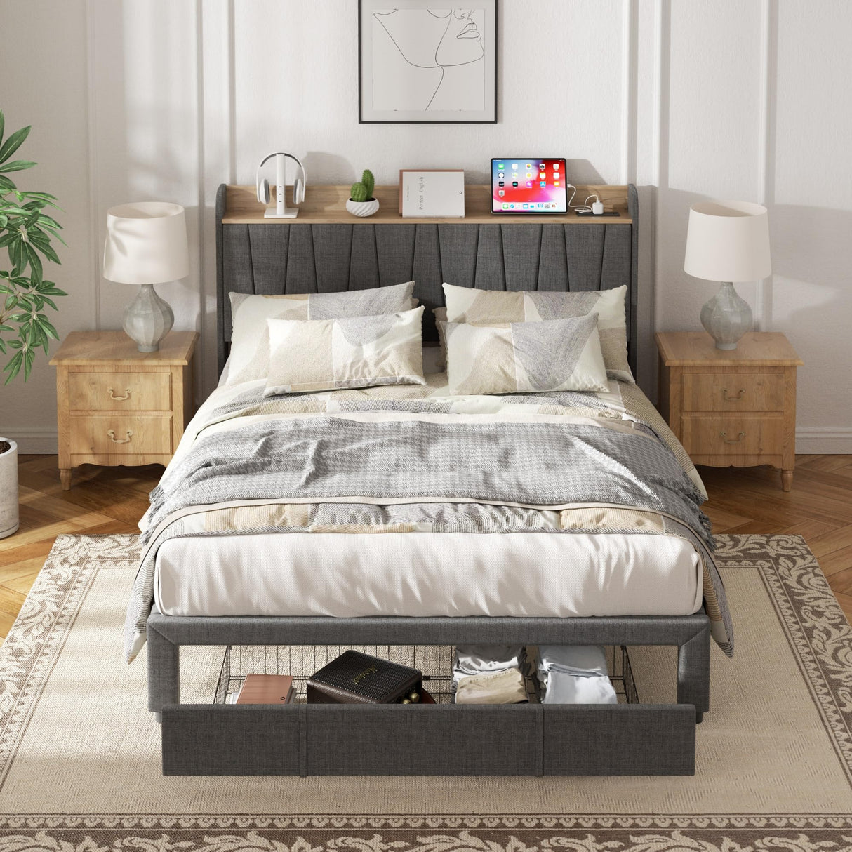 Full Size Bed Frame, Upholstered Platform Bed with Storage Drawers Headboard