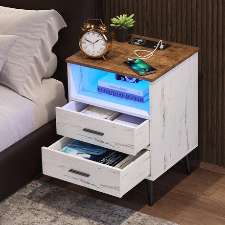 LED Night Stand with Charging Station, 3 Colors Dimmable Lights, Bedroom Modern