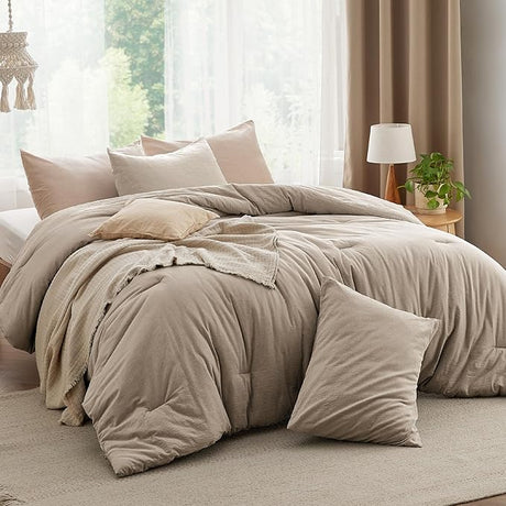 Comforter Set Queen Size Taupe - Cotton Fabric with Microfiber Inner Fill, Queen Comforter Set for All Seasons, 3 Pieces, 1 Comforter (90"x90") and 2 Pillow Cases (20"x26")