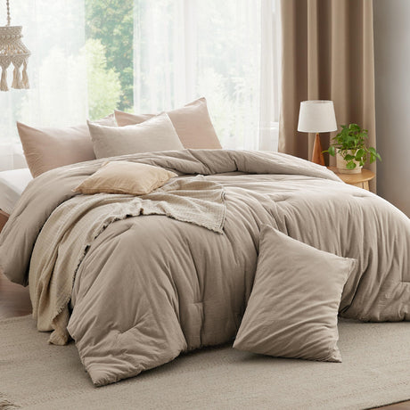 Comforter Set Queen Size Taupe - Cotton Fabric with Microfiber Inner Fill, Queen Comforter Set for All Seasons, 3 Pieces, 1 Comforter (90"x90") and 2 Pillow Cases (20"x26")