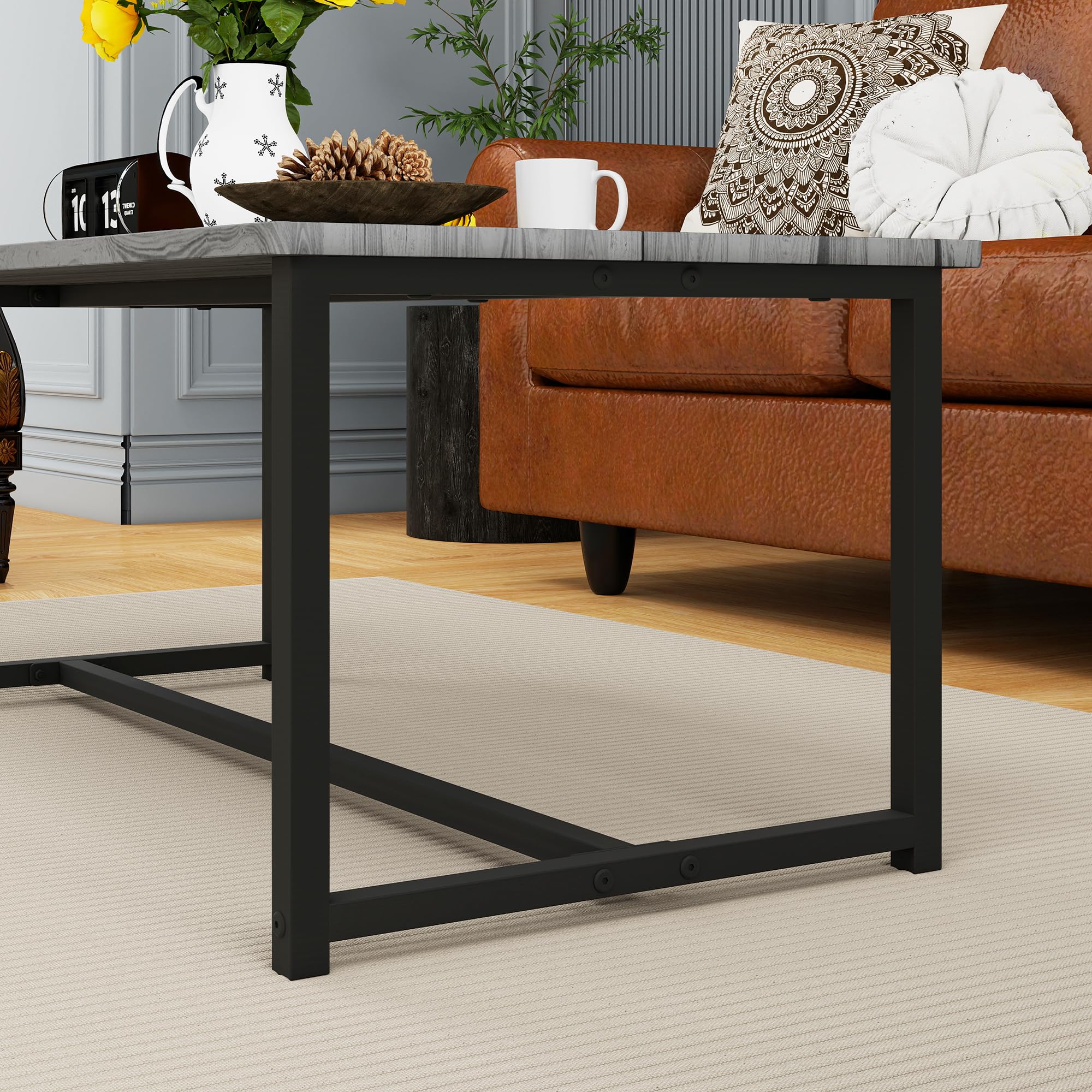 Industrial Coffee Table with Rectangle Wood and Stable Metal Frames
