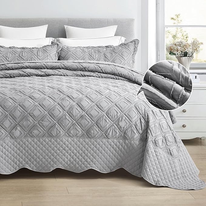 Oversized King Bedspread  Extra Wide, Jacquard Tufted Diamond Pattern