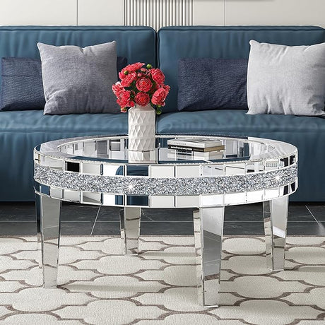 Mirrored Coffee Table with Crystal Inlay, 31.5'' Modern Round Coffee Table with Mirror Surface,