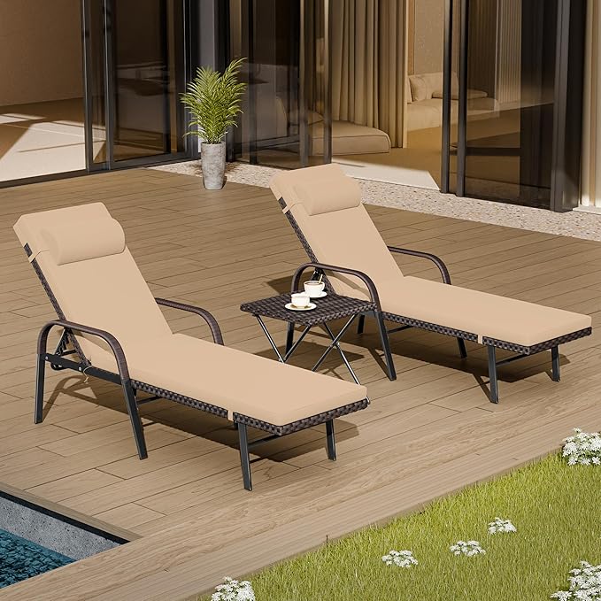 Patio Chaise Lounge Set 3 Pieces Outdoor Lounge Chair with Rattan Adjustable Backrest
