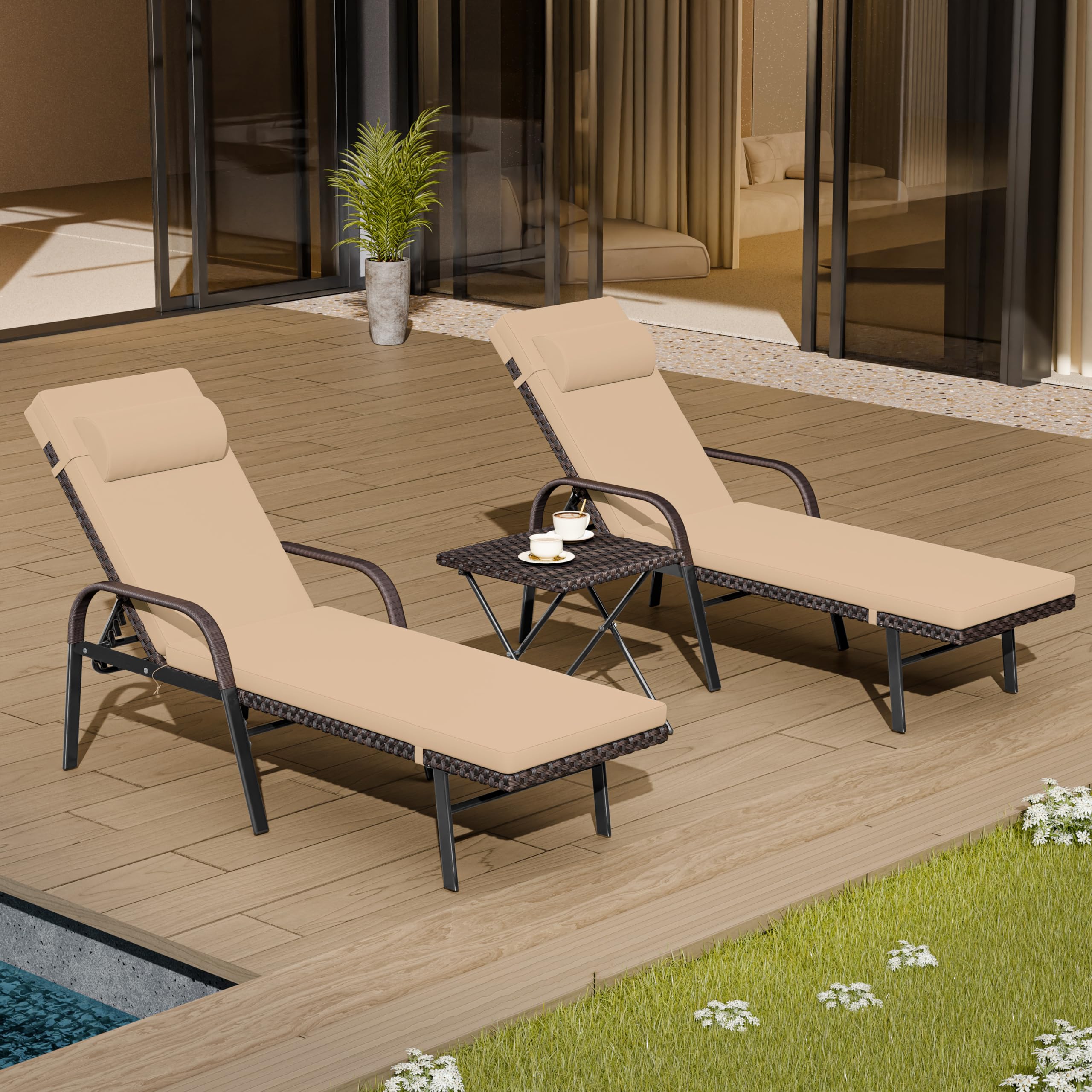 Patio Chaise Lounge Set 3 Pieces Outdoor Lounge Chair with Rattan Adjustable Backrest