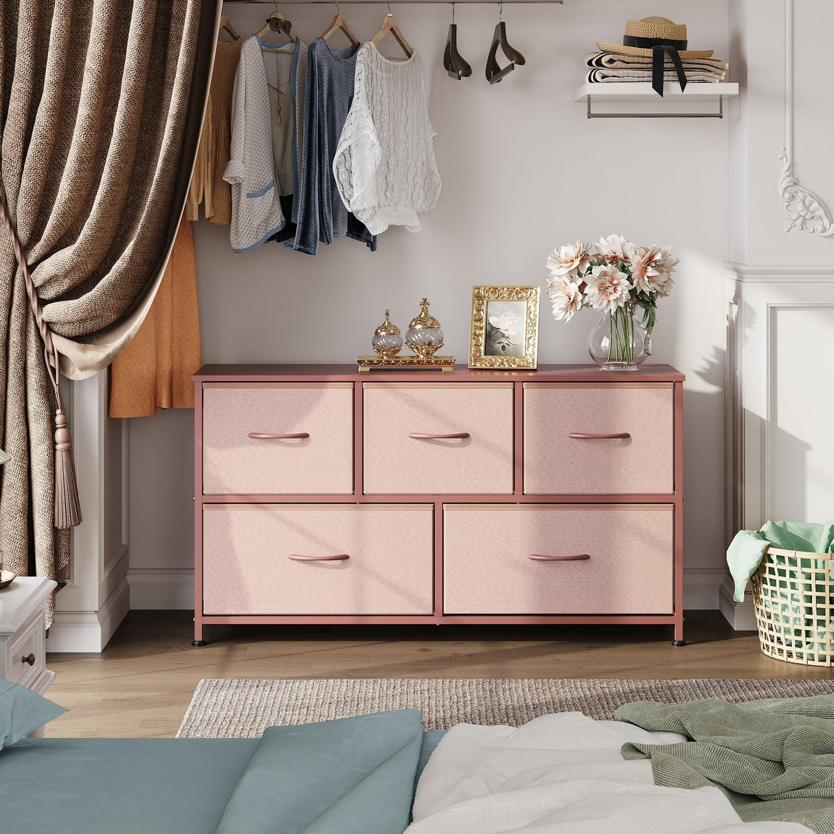 WLIVE Dresser for Bedroom with 5 Drawers, Wide Chest of Drawers, Fabric Dresser, Storage Organization Unit with Fabric Bins for Closet, Living Room, Hallway, Pink and Rose Gold