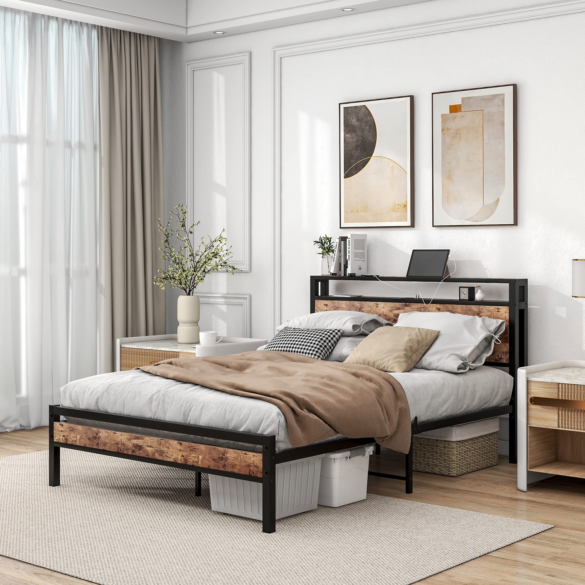 Full Size Bed Frame with Storage Headboard,Power Outlet,USB Port