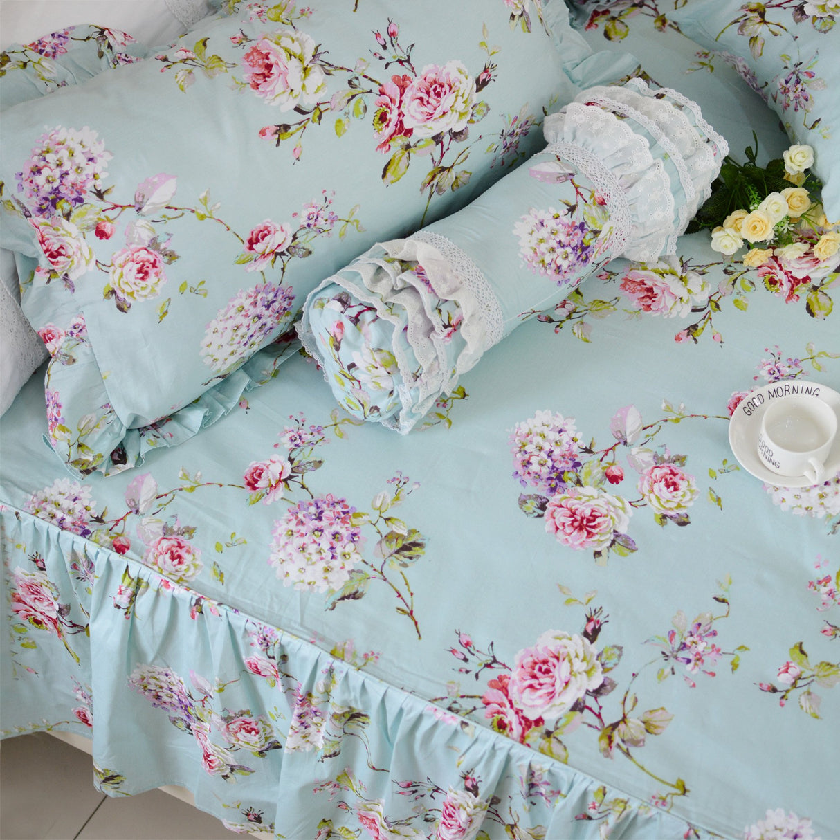 Shabby Floarl Cotton Bedding Set Queen 4-Pieces Light Blue Hydrangea Print Duvet