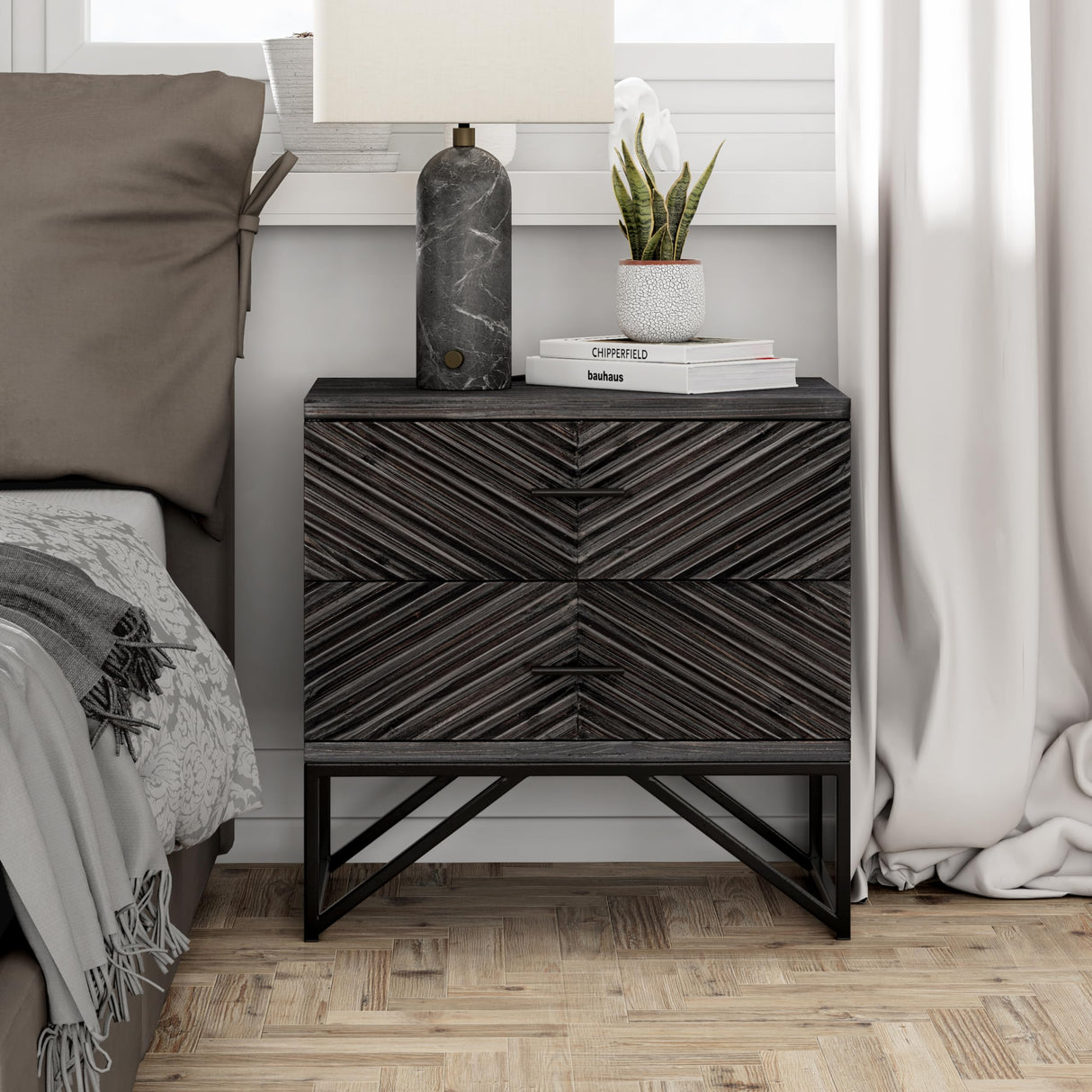 Modern 2-Drawer Nightstand, Contemporary Line Accent End Side Table with Black Metal