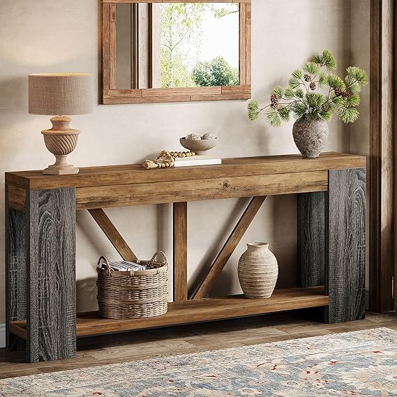 70.9" Extra Long Farmhouse Console Table with Storage - Light Brown