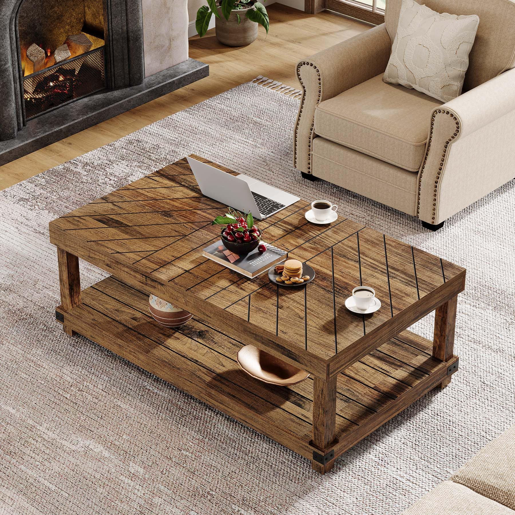 Tribesigns Farmhouse Coffee Table, 47-Inch Wood Center Table with Storage Shelf, 2-Tier Rectangle Cocktail Tea Table with Sturdy Frame for Living Room, Rustic Brown