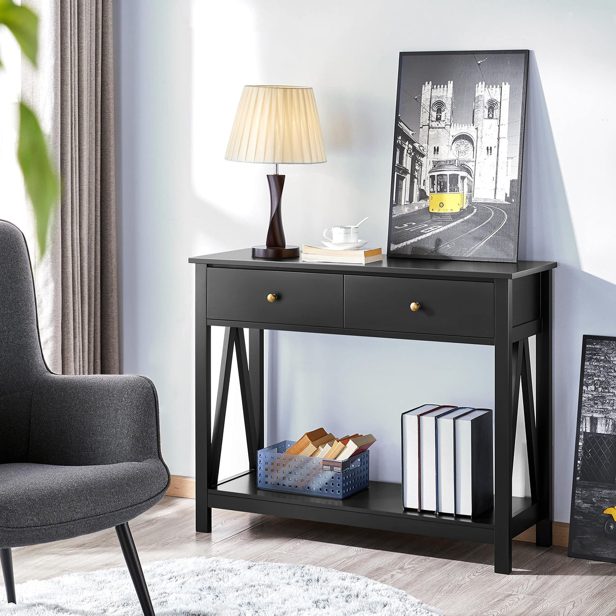 Modern Sofa/Couch Table, 2 Tier Console Table with 1 Drawer and Storage Shelf