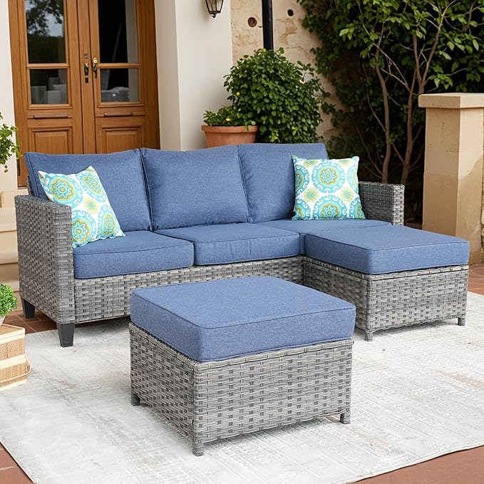 Patio Sofa 3 Pieces Patio Furniture Set Outdoor Wicker Sofa Couch with Ottomans