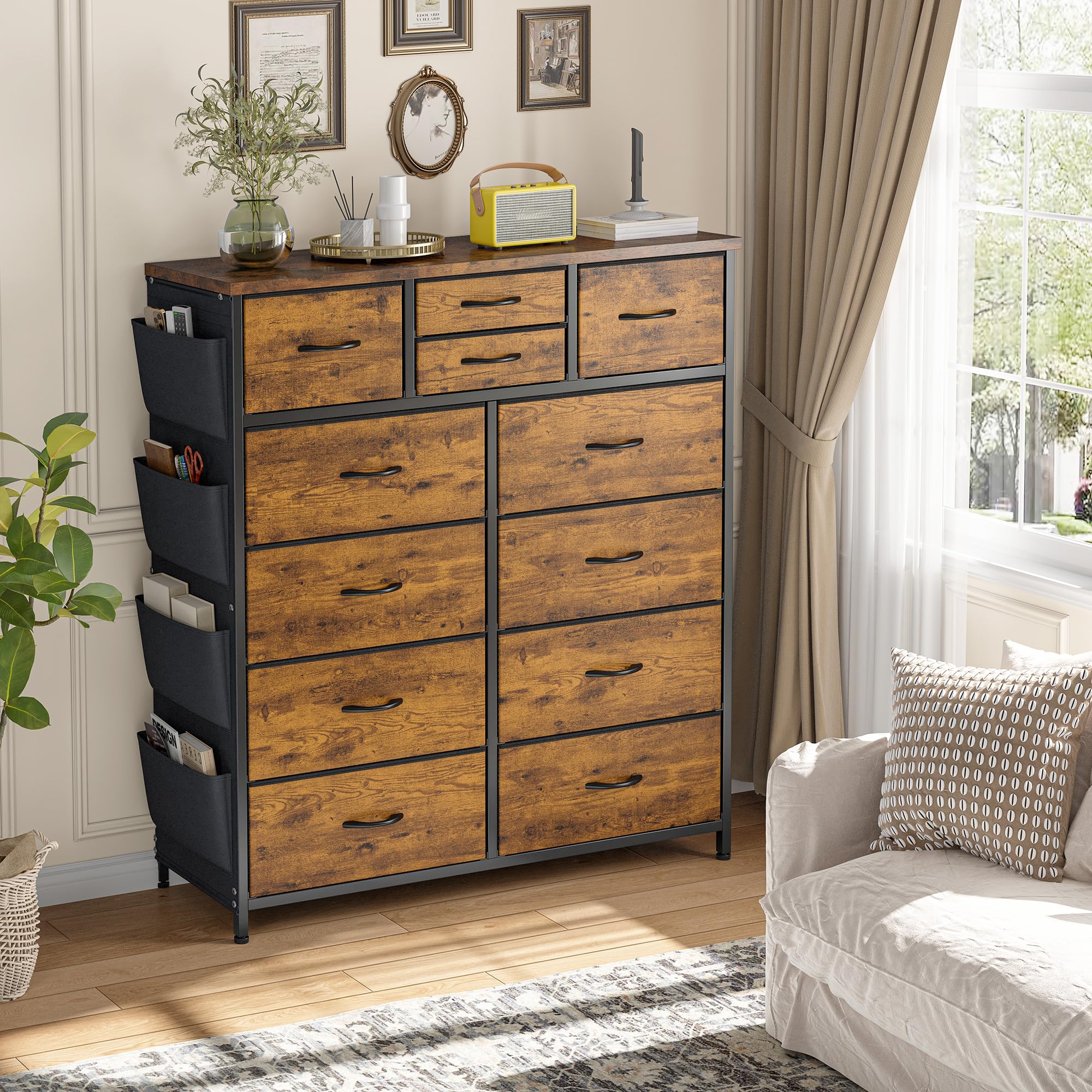 Tall Dresser for Bedroom with 12 Drawers,Dresser Chest of Drawers with Side Pockets