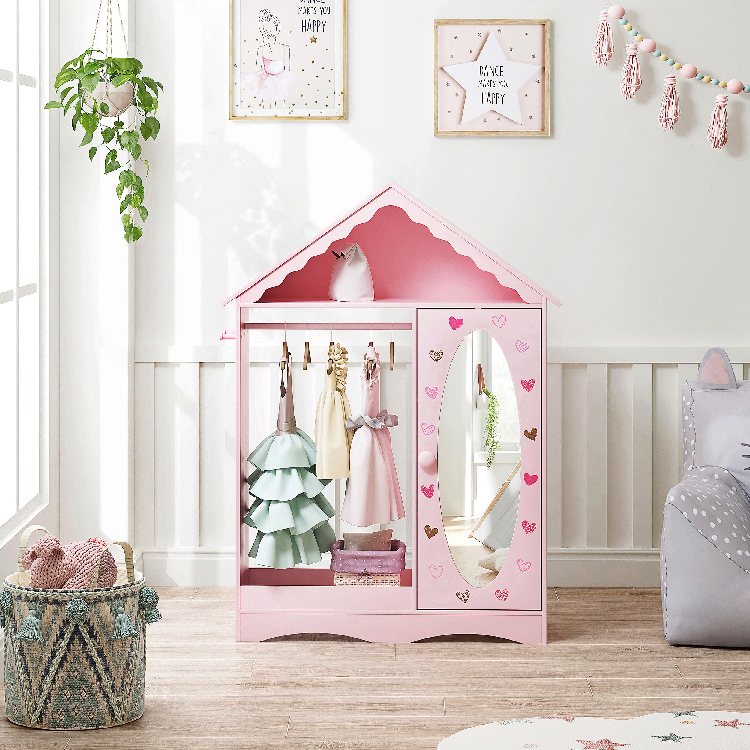 Kids Dress Up Storage with Mirror, Kids Wardrobe Closet, Dress Up Armoire for Little Girls