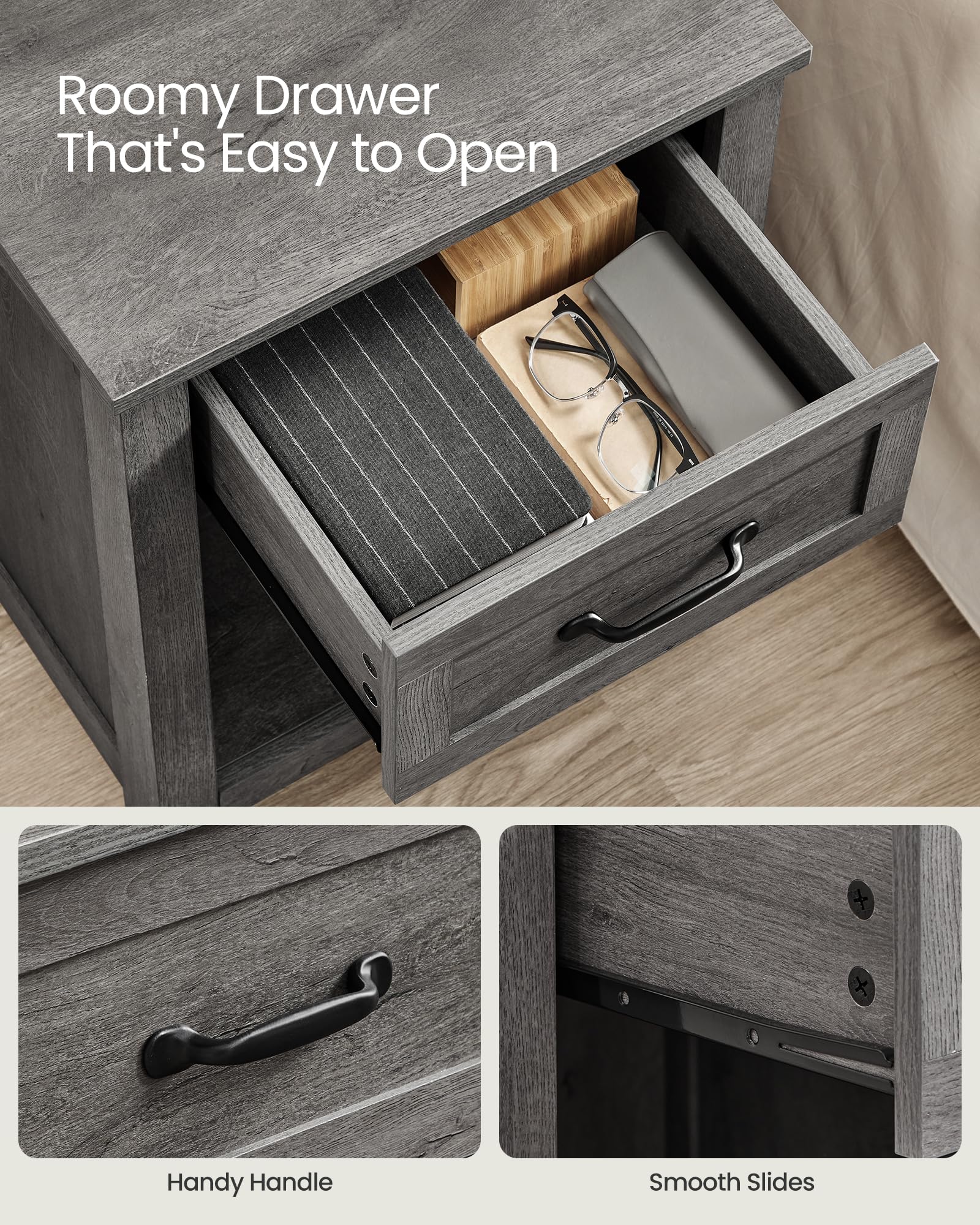 Farmhouse Nightstand with Charging Station, Bedside Table with Drawer