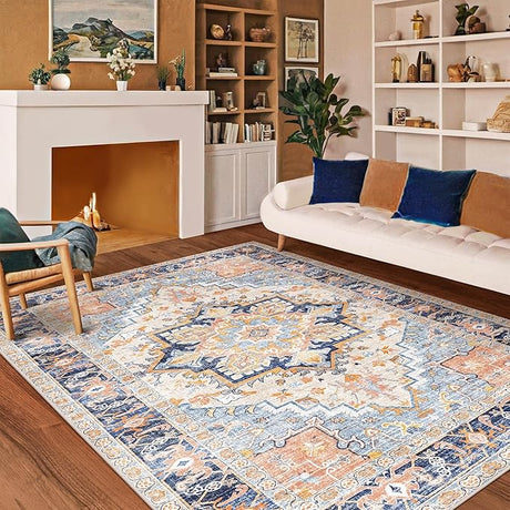 Kokia Washable Area Rugs 8x10 Living Room Boho Non Slip Thin Carpet Stain Resistant Vintage Multicolor Floral Printed Oriental Foldable Distressed Rug for Bedroom Kitchen Indoor House