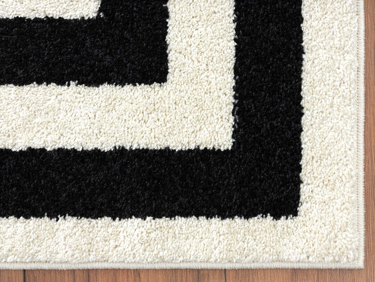 Contemporary Black & Ivory 7'9" x 10'2" Area Rug, Contrasting Geometric Modern Stripe