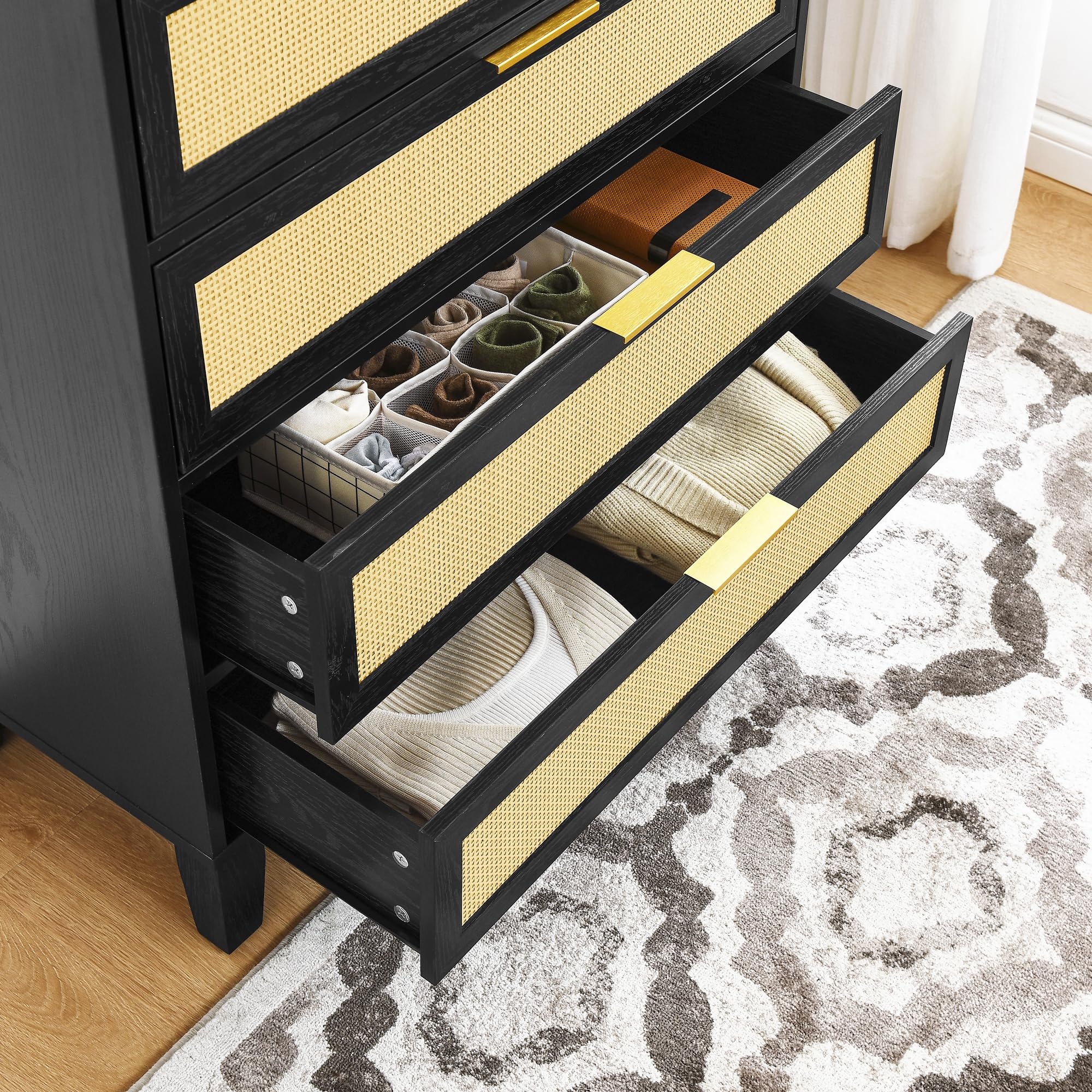 5 Drawers Dresser for Bedroom, 50'' Tall Rattan Dresser, Boho Chest of Drawers with Gold