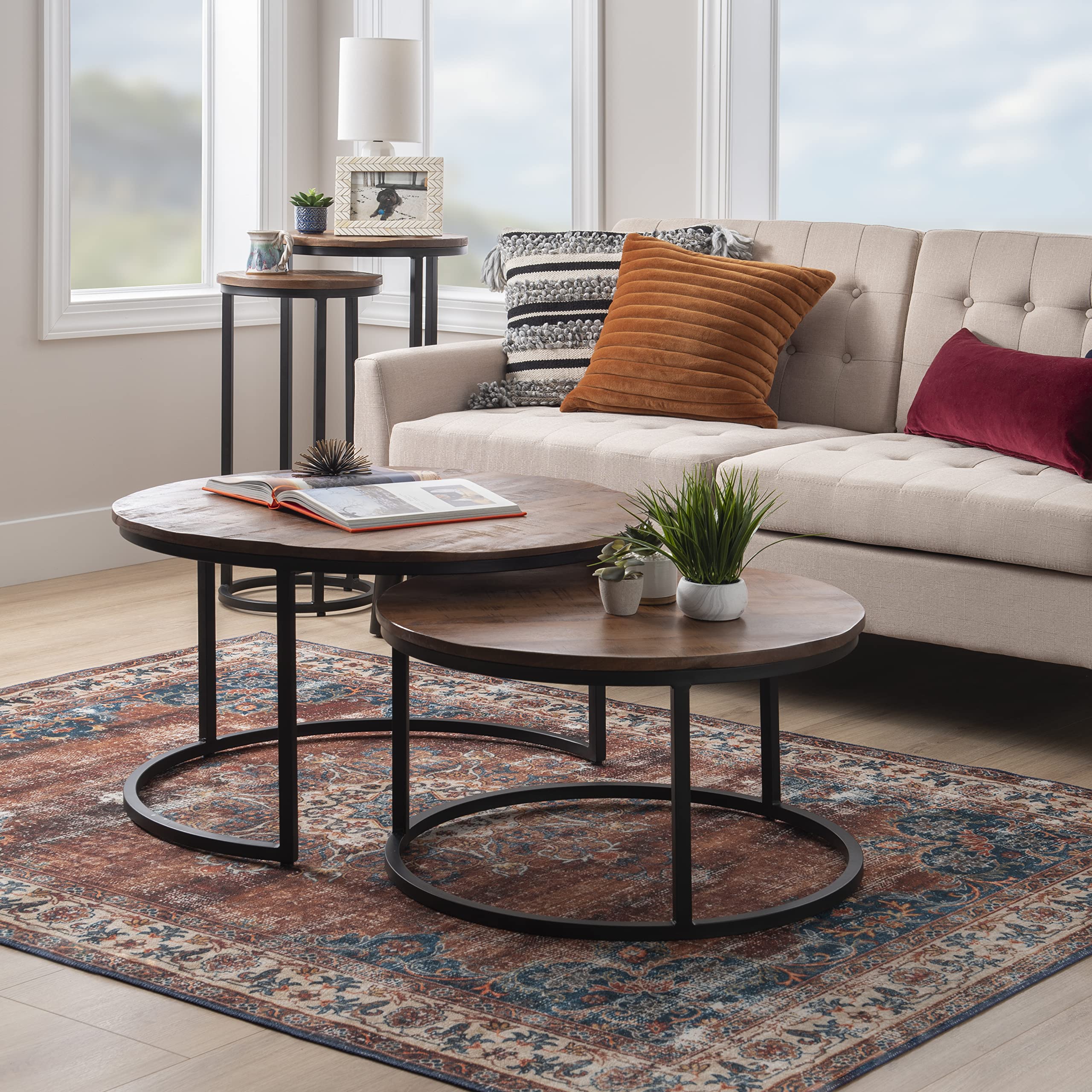 Company Black Metal Round Nesting Coffee Mango Wood Top by Powell Canton Table