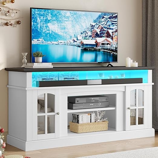 LED Farmhouse TV Stand for TV up to 65" w/Outlets, Highboy Media Entertainment