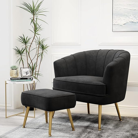 Upholstered Modern Single Sofa Side Chair,Comfy Barrel Club Living Room Armchair with Golden Metal Legs for Bedroom Living Reading Room Office, Black