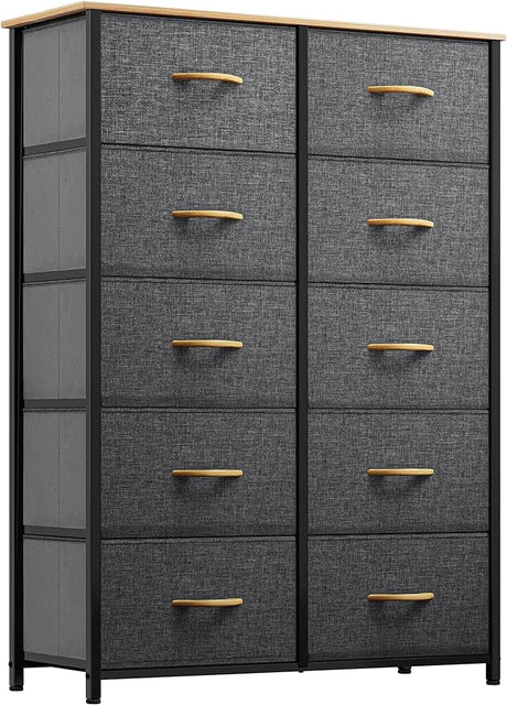 10 Drawer Dresser - Fabric Storage Tower, Organizer Unit for Living Room, Hallway, Closets - Sturdy Steel Frame, Wooden Top & Easy Pull Fabric Bins (Black Wood Grain)