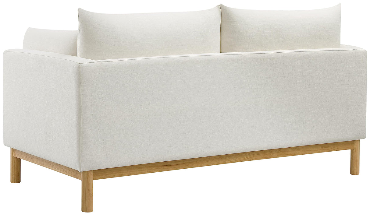 157Cream-L Langham Collection Mid-Century Modern Linen Textured Fabric Upholstered Loveseat, Cream Linen Textured Fabric, Natural Finish Wood Base, 66" W x 33.5" D x 33" H, Cream