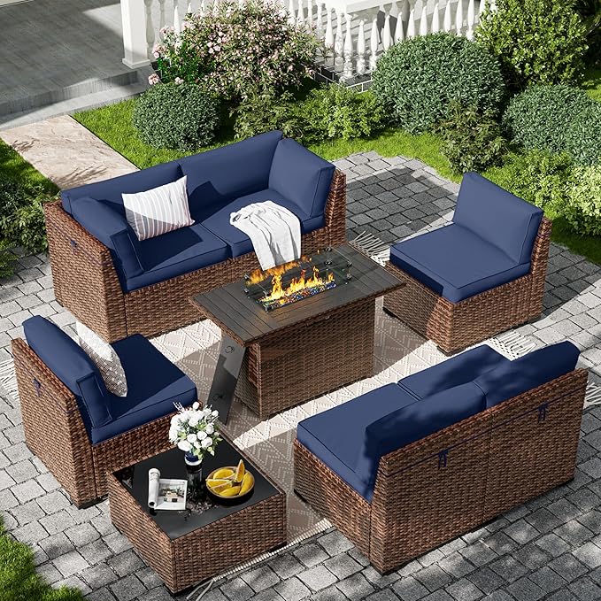 7 Pieces Patio Furniture Set, Outdoor Furniture Sectional Sofa Set with Slanted Back
