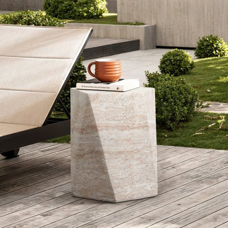 LuxenHome Outdoor Accent Side Table, 18'' Travertine - Style Irregular Textured Cement Patio End Table, Outdoor Coffee Furniture for Backyard Balcony, Modern Garden Stool for Outside - Bircata
