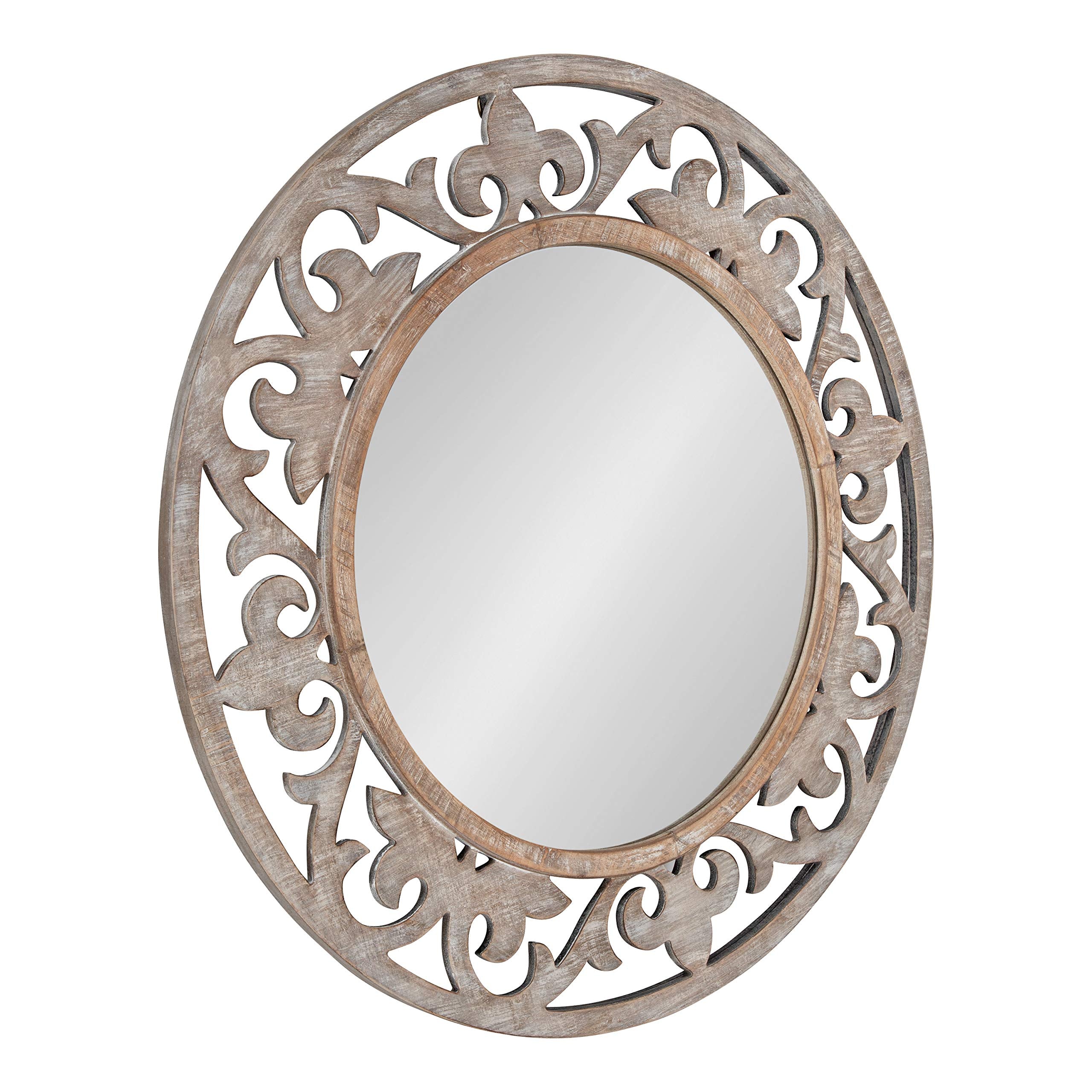 Shovali Rustic Round Mirror, 31.5 Diameter, Rustic Whitewash, Ornate Wood-Carved Frame