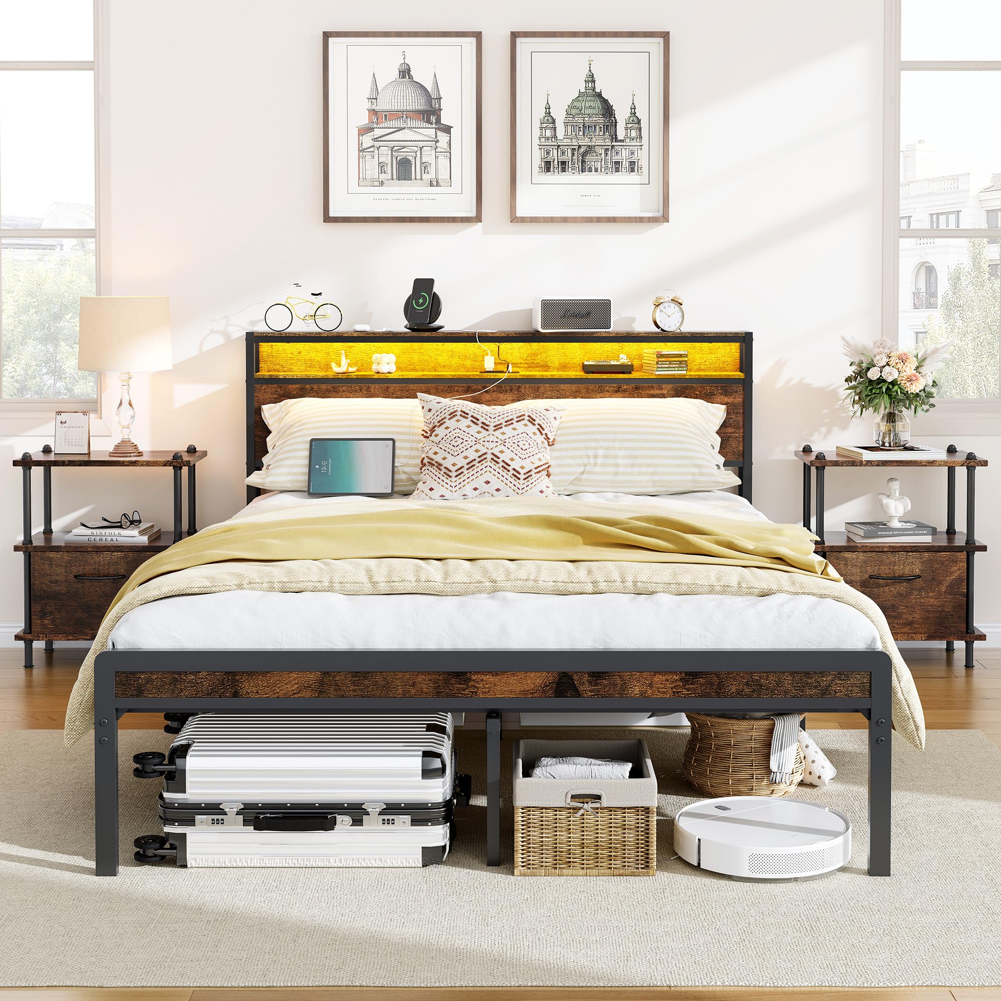 Queen Size Bed Frame with LED Light and Charging Station, 2 Tier Storage Headboard,
